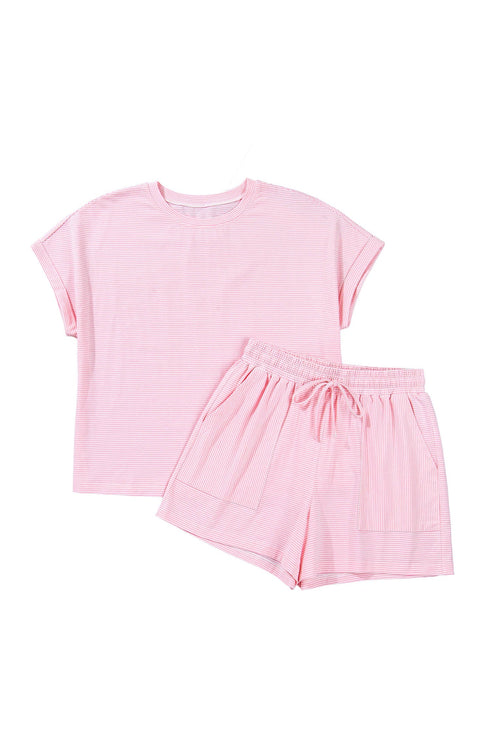 Striped Casual Relaxed Tee And Drawstring Short Set