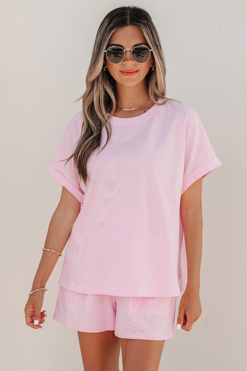Striped Casual Relaxed Tee And Drawstring Short Set