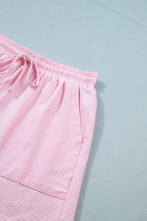Striped Casual Relaxed Tee And Drawstring Short Set