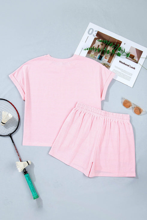 Striped Casual Relaxed Tee And Drawstring Short Set