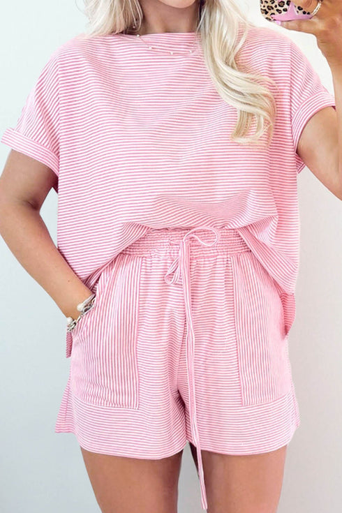 Striped Casual Relaxed Tee And Drawstring Short Set