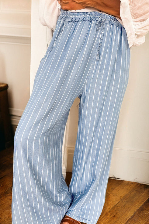 Striped Chambray Elastic Waist Drawstring Wide Leg Pull On Jeans
