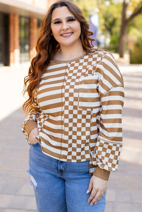Striped Checkered Patchwork Mixed Print Long Sleeve Top