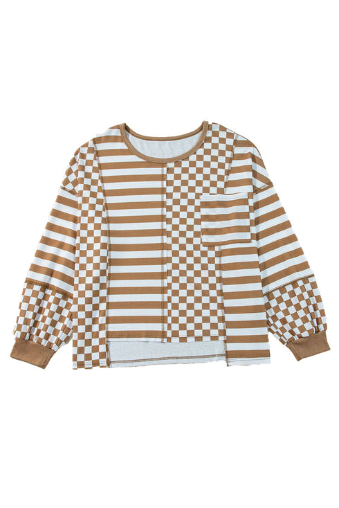 Striped Checkered Patchwork Mixed Print Long Sleeve Top