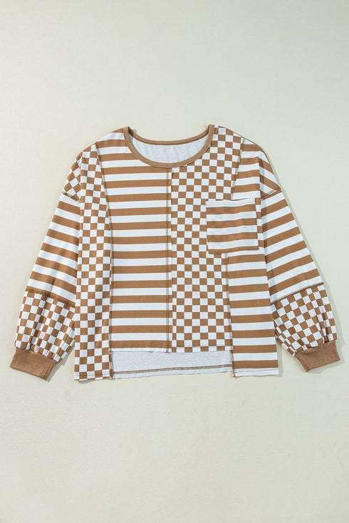 Striped Checkered Patchwork Mixed Print Long Sleeve Top