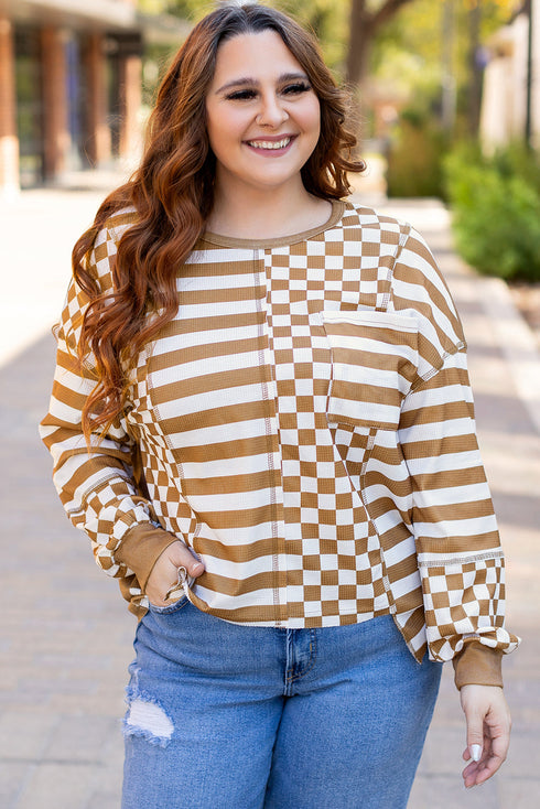 Striped Checkered Patchwork Mixed Print Long Sleeve Top