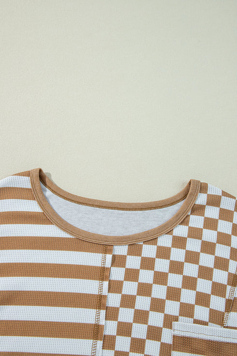 Striped Checkered Patchwork Mixed Print Long Sleeve Top