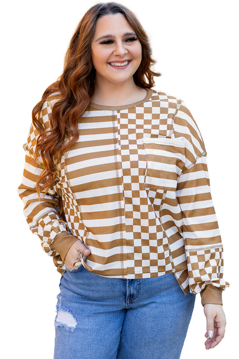 Striped Checkered Patchwork Mixed Print Long Sleeve Top