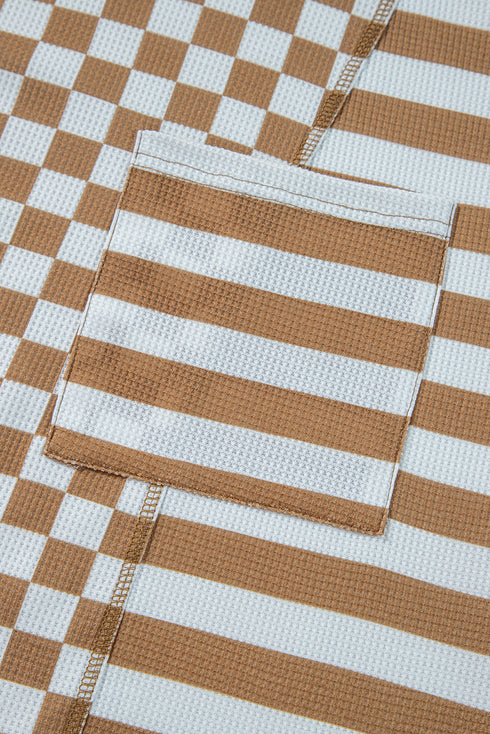 Striped Checkered Patchwork Mixed Print Long Sleeve Top