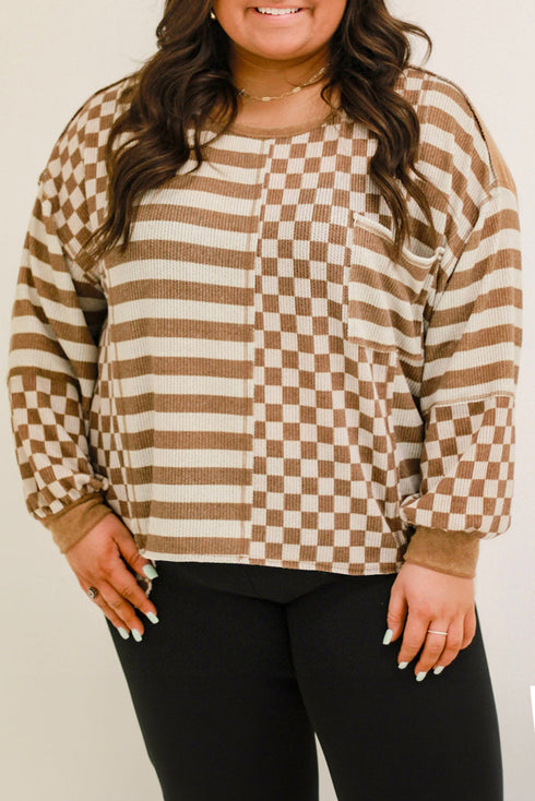 Striped Checkered Patchwork Mixed Print Long Sleeve Top