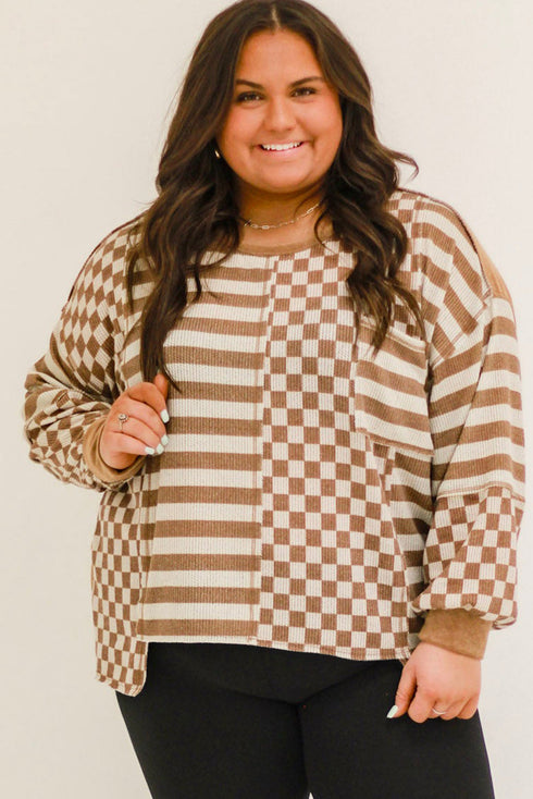 Striped Checkered Patchwork Mixed Print Long Sleeve Top