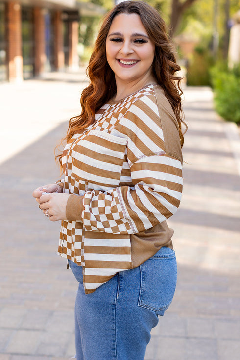 Striped Checkered Patchwork Mixed Print Long Sleeve Top