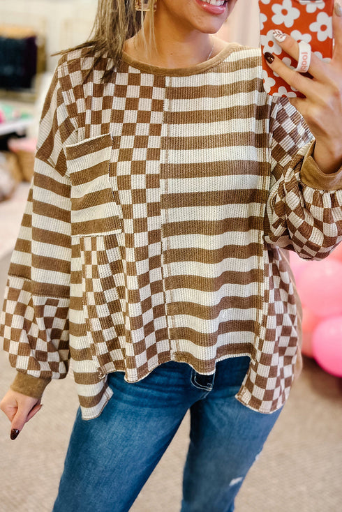 Striped Checkered Patchwork Mixed Print Long Sleeve Top