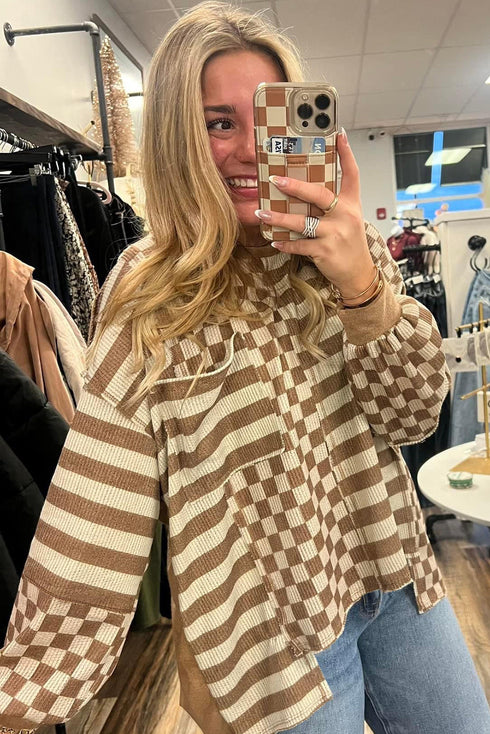 Striped Checkered Patchwork Mixed Print Long Sleeve Top