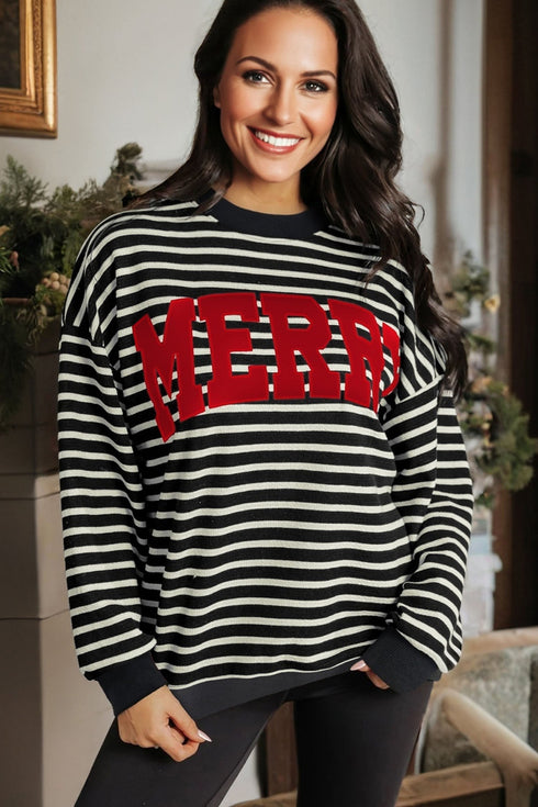 Striped Chenille Letter Graphic Corded Pullover Sweatshirt