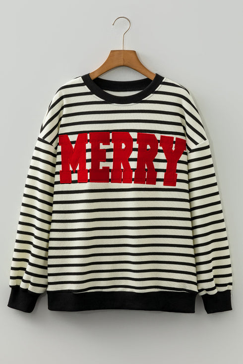 Striped Chenille Letter Graphic Corded Pullover Sweatshirt