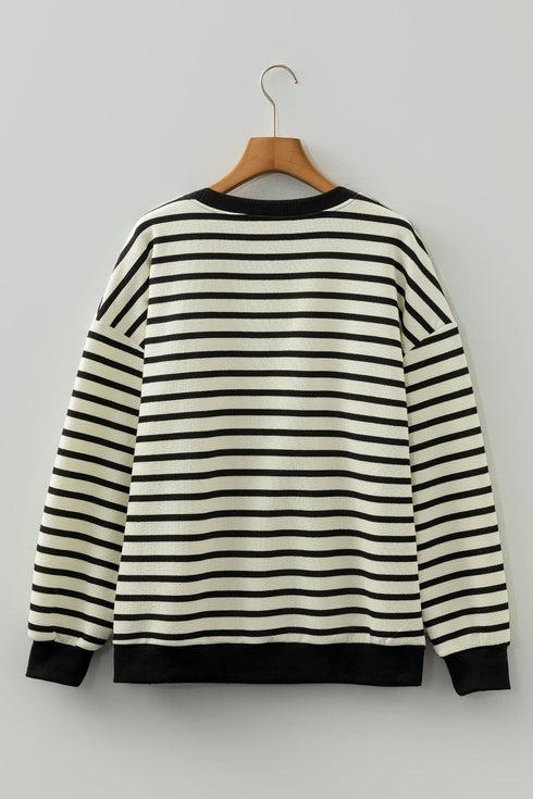 Striped Chenille Letter Graphic Corded Pullover Sweatshirt