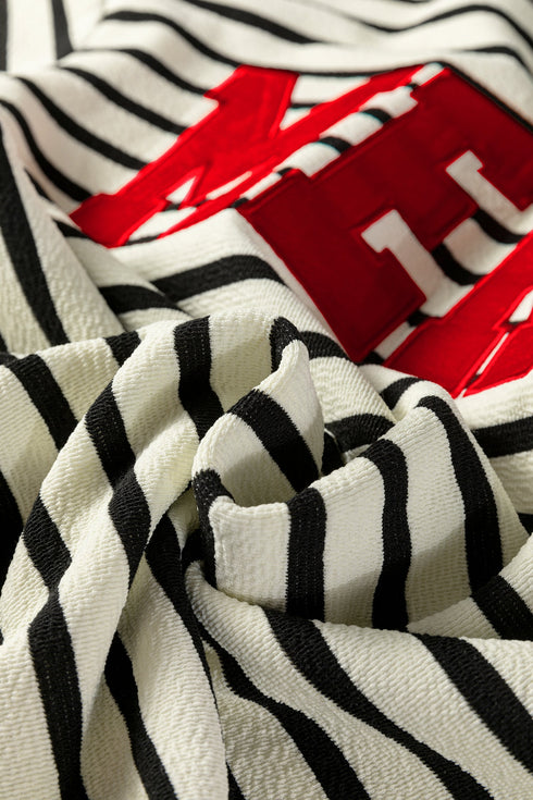 Striped Chenille Letter Graphic Corded Pullover Sweatshirt