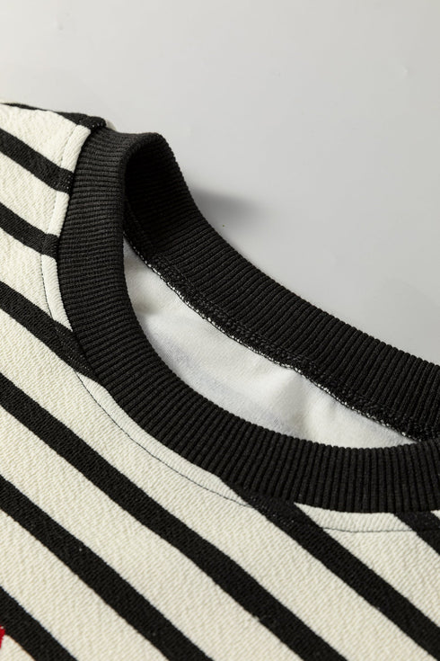Striped Chenille Letter Graphic Corded Pullover Sweatshirt