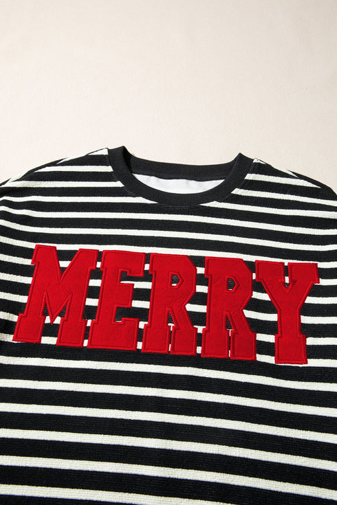 Striped Chenille Letter Graphic Corded Pullover Sweatshirt