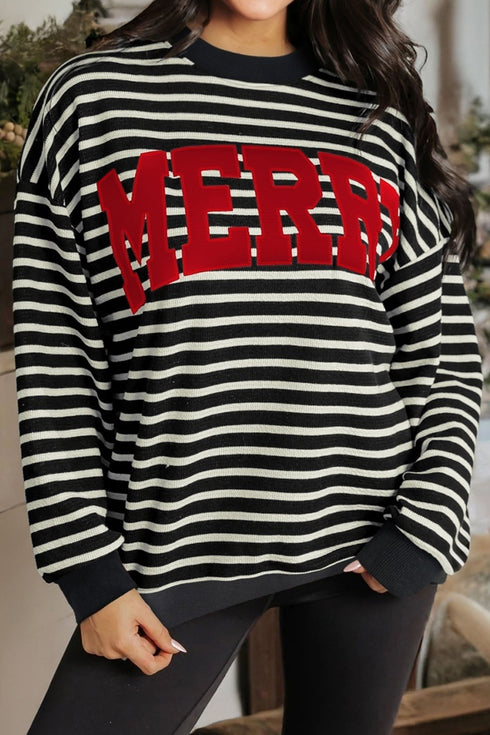 Striped Chenille Letter Graphic Corded Pullover Sweatshirt