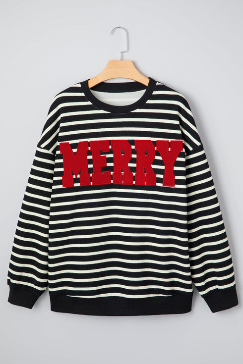 Striped Chenille Letter Graphic Corded Pullover Sweatshirt