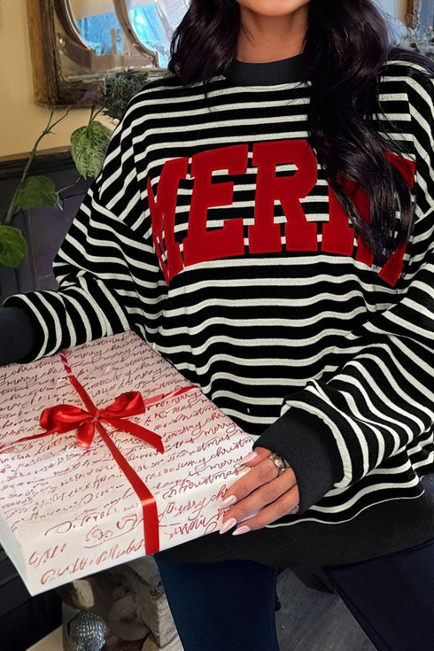 Striped Chenille Letter Graphic Corded Pullover Sweatshirt