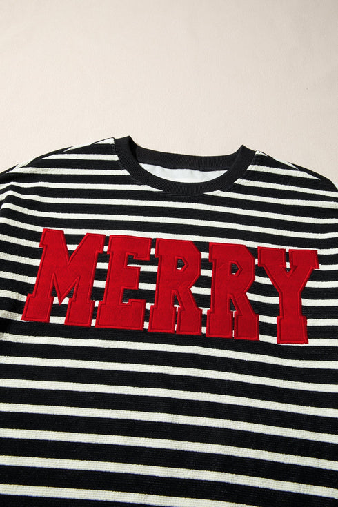 Striped Chenille Letter Graphic Corded Pullover Sweatshirt