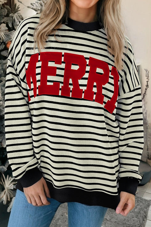 Striped Chenille Letter Graphic Corded Pullover Sweatshirt