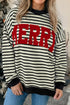 Striped Chenille Letter Graphic Corded Pullover Sweatshirt