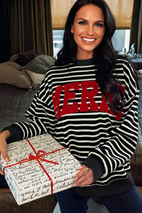Striped Chenille Letter Graphic Corded Pullover Sweatshirt