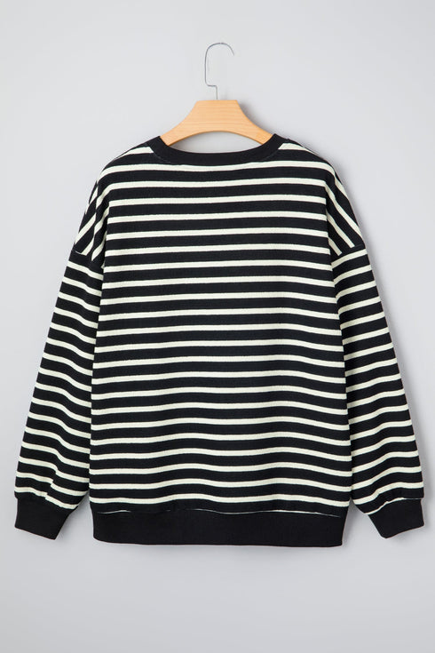 Striped Chenille Letter Graphic Corded Pullover Sweatshirt