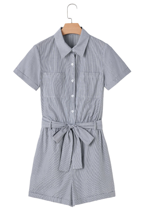 Striped Chest Pocket Button Front Belted High Waist Romper