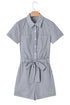 Striped Chest Pocket Button Front Belted High Waist Romper