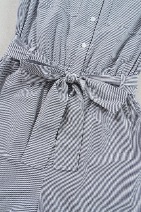 Striped Chest Pocket Button Front Belted High Waist Romper
