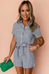 Striped Chest Pocket Button Front Belted High Waist Romper