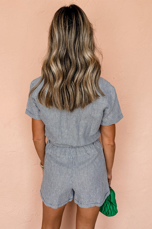 Striped Chest Pocket Button Front Belted High Waist Romper