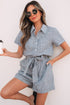 Striped Chest Pocket Button Front Belted High Waist Romper