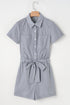 Striped Chest Pocket Button Front Belted High Waist Romper