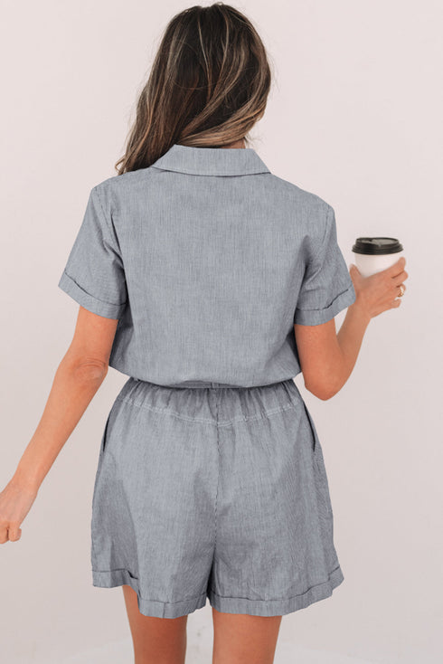 Striped Chest Pocket Button Front Belted High Waist Romper