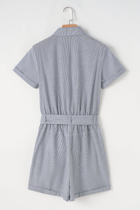 Striped Chest Pocket Button Front Belted High Waist Romper