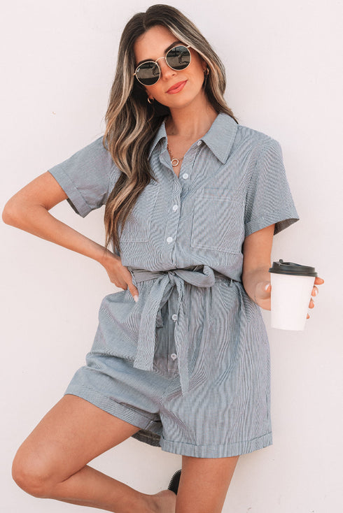 Striped Chest Pocket Button Front Belted High Waist Romper