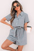 Striped Chest Pocket Button Front Belted High Waist Romper