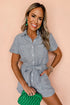 Striped Chest Pocket Button Front Belted High Waist Romper