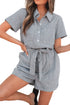 Striped Chest Pocket Button Front Belted High Waist Romper