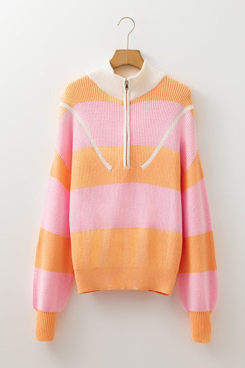 Striped Chevron Ribbed Knit Half Zip Sweater