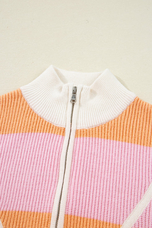 Striped Chevron Ribbed Knit Half Zip Sweater