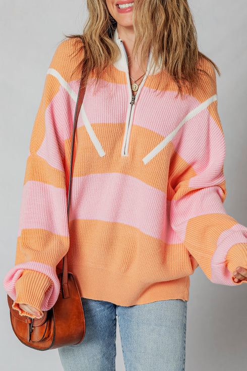 Striped Chevron Ribbed Knit Half Zip Sweater