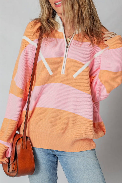Striped Chevron Ribbed Knit Half Zip Sweater