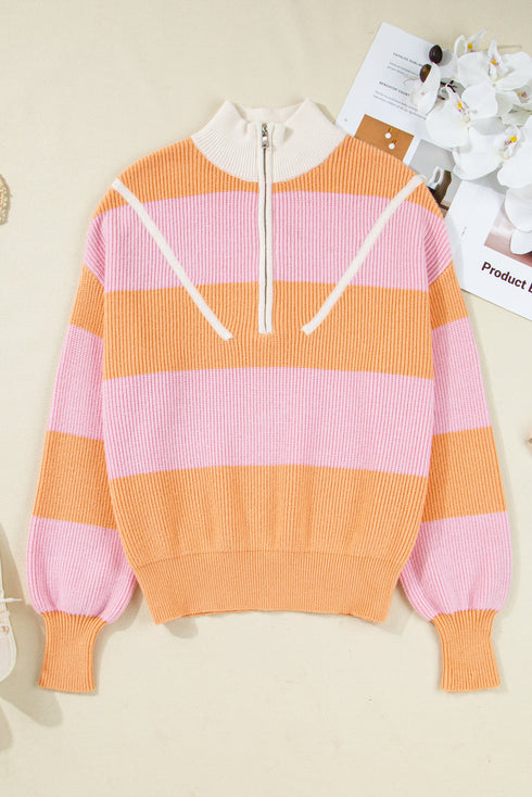 Striped Chevron Ribbed Knit Half Zip Sweater